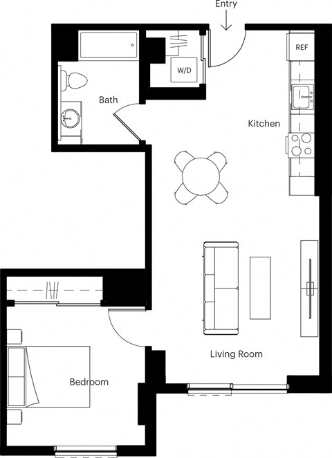 Floor plan for 1 bed, 1 bath, 611 sqft